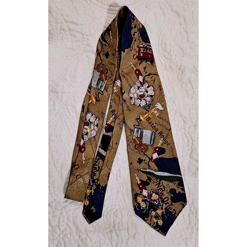 Tabasco Mens Silk Tie‎ Louisiana New Orleans Mardi Gras Map Novelty Tan Blue